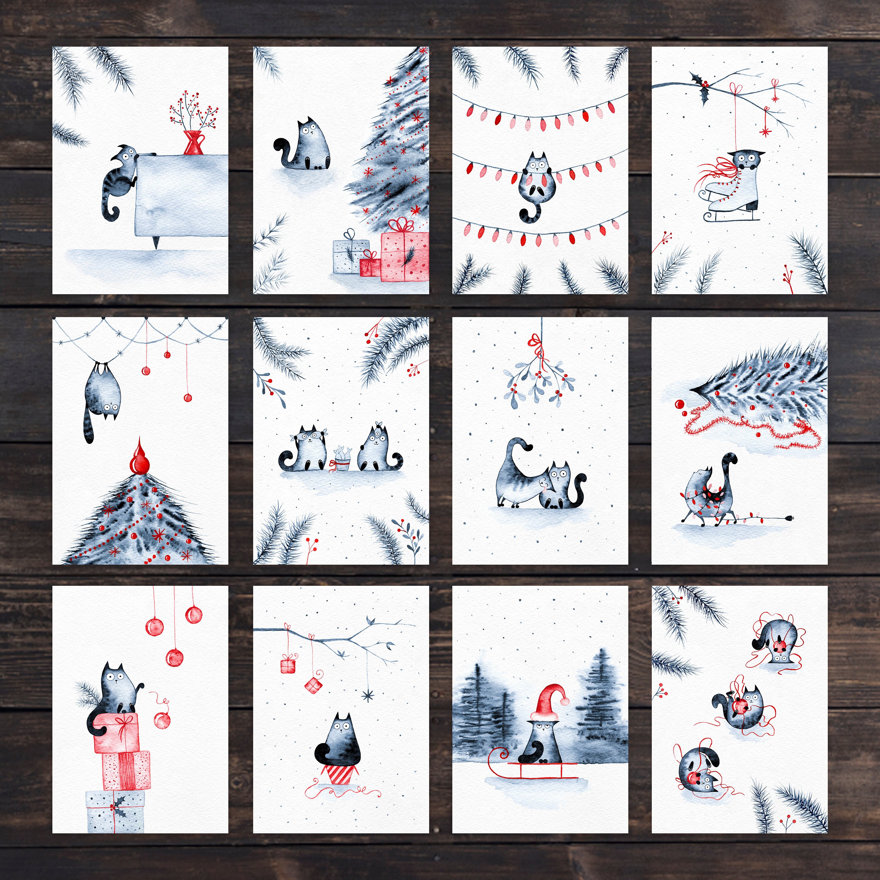 Printable Christmas Postcard, Hand-painted Watercolor Cat Over the ...