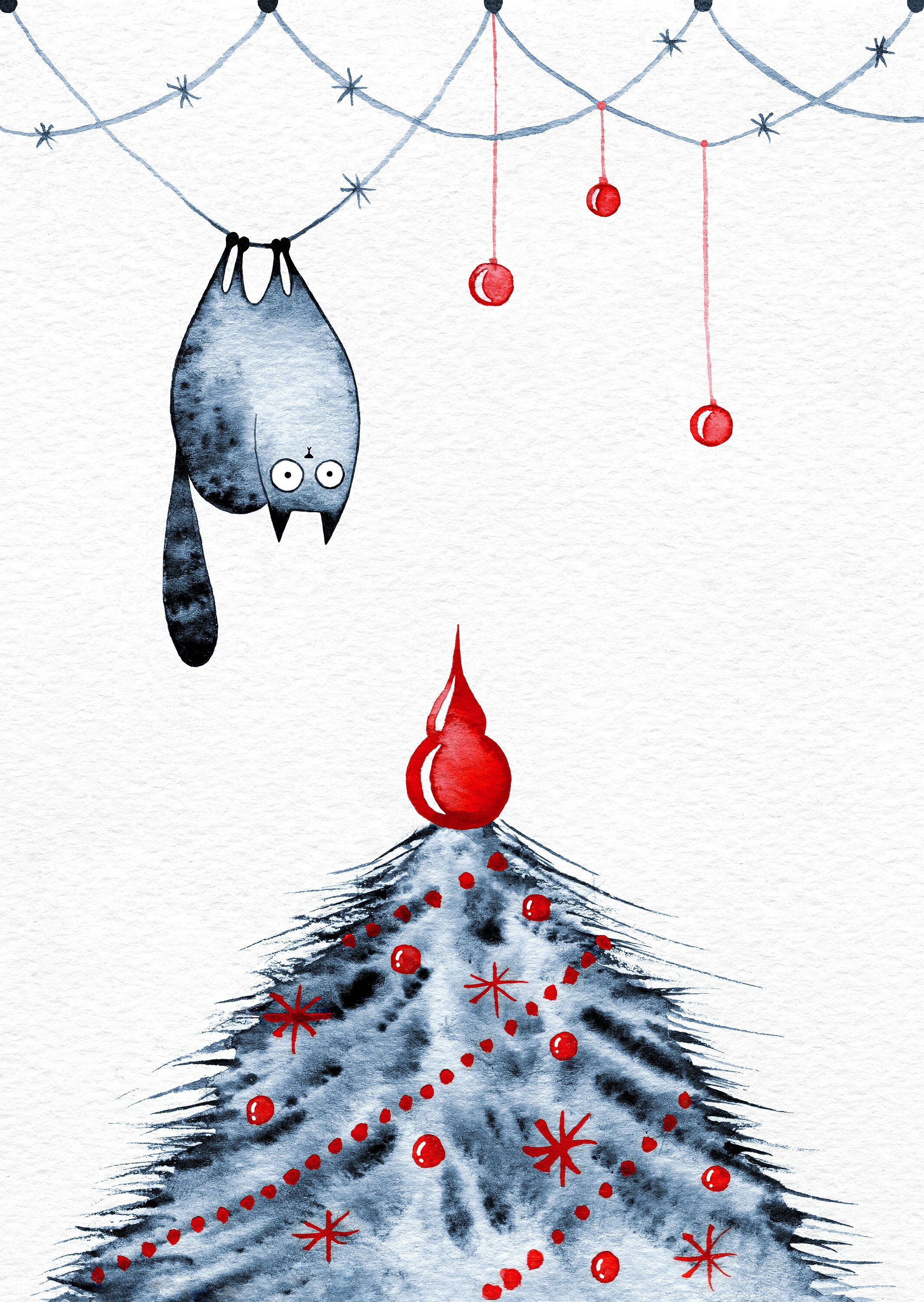 Printable Christmas Postcard, Hand-painted Watercolor Cat Over the ...