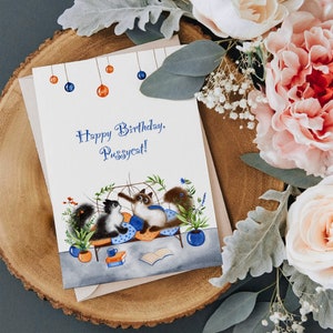 Cartão de aniversário de gato, decoração de sala de estar, presente de amante de gato, pintura de gato em aquarela, cartão postal imprimível em aquarela, impressão de gato, cartão postal de gato