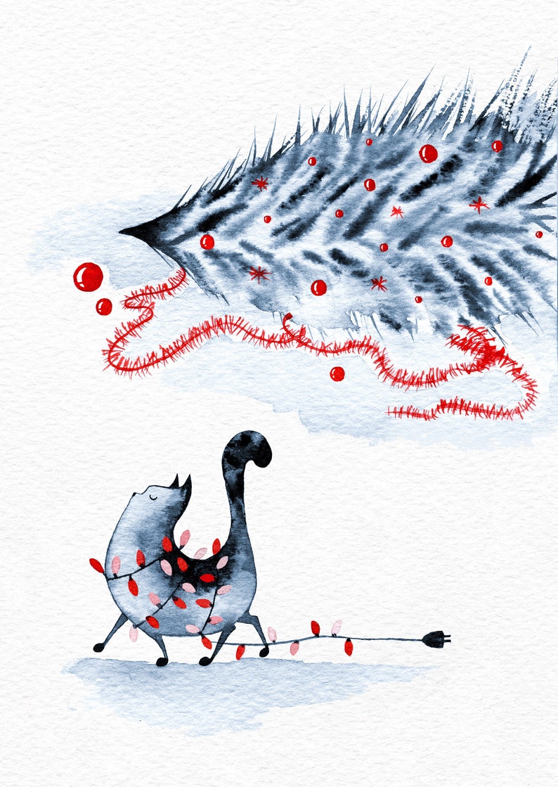 Printable Christmas Postcard, Hand-painted Watercolor Cat, Falling ...