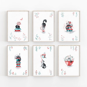 Conjunto de postales de gatos, regalo de amante de los gatos, impresión de gatos, postal imprimible en acuarela, ilustración de gatos lindos, pintura de acuarela, pintura de gatos divertidos