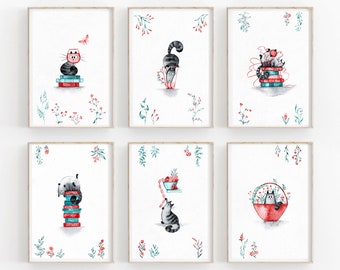 May include: Six watercolor illustrations of cats in various poses, each with a red and blue color scheme. The cats are surrounded by red and green floral elements. The illustrations are framed in a light wood frame.
