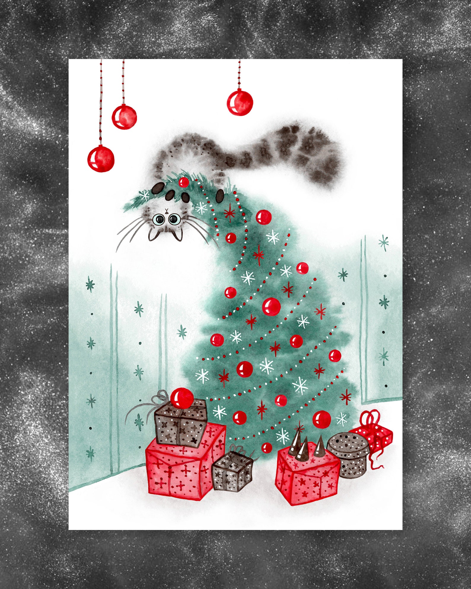 Cat on A Christmas Tree, Printable Christmas Postcard, Funny Chonky Cat ...