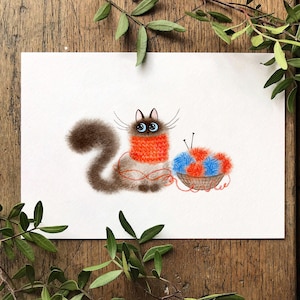 Ritratto di gatto lavorato a maglia, cartolina di gatto stampabile, divertente gatto chonky, poster di gatto acquerello, regalo del proprietario del gatto, stampa di gatto acquerello dipinto a mano