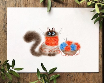 Retrato de gato de punto, postal de gato imprimible, gato chonky divertido, cartel de gato de acuarela, regalo del propietario del gato, impresión de gato de acuarela pintada a mano