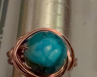 Beaded turquoise 6mm antique bronze wired ring, size 8