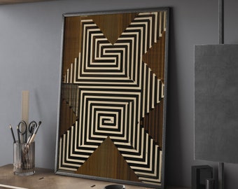 Op de afbeelding: Een ingelijst zwart-wit geometrisch print met een gouden achtergrond. De print bevat een reeks concentrische vierkanten en driehoeken.