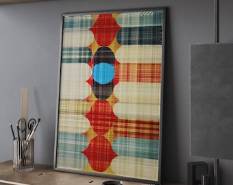 Op de afbeelding: Abstracte kunstprint met een geometrisch patroon van overlappende cirkels en vierkanten in tinten rood, blauw, geel, zwart en wit op een geruite achtergrond.