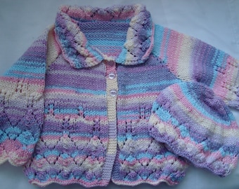 Hand Knitted Girl's Cardigan & Hat Set 2-3Years