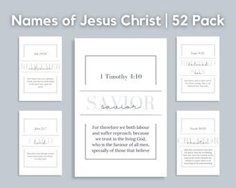 Puede incluir: Una colección de seis impresiones artísticas minimalistas con nombres de Jesucristo y versículos bíblicos correspondientes. Las impresiones están en una paleta de colores neutros de blanco, gris y negro, con tipografía elegante. El texto "Names of Jesus Christ | 52 Pack" está en la parte superior.