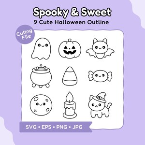 Kawaii Halloween-clipartset | Griezelige omtrekontwerpen (svg, eps, png, jpg)