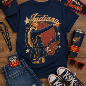 May include: A navy blue t-shirt featuring a graphic of a basketball player, a navy baseball cap, a navy lanyard with a badge reading FEVER SUPER FAN, a navy tumbler, blue denim shorts, red heart-shaped sunglasses, and navy canvas sneakers.