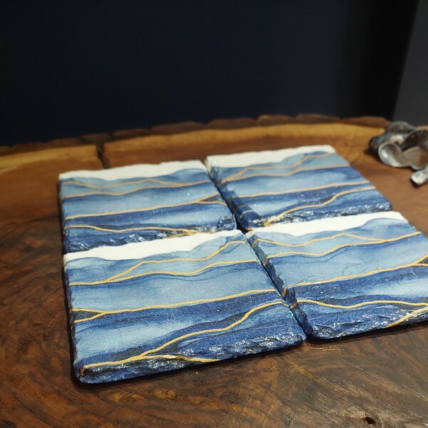 Blue Wave Slate Coasters set of 4 seaside decor blue and white chunky decoupage coaster place mat Harbour ocean beach sea sail away