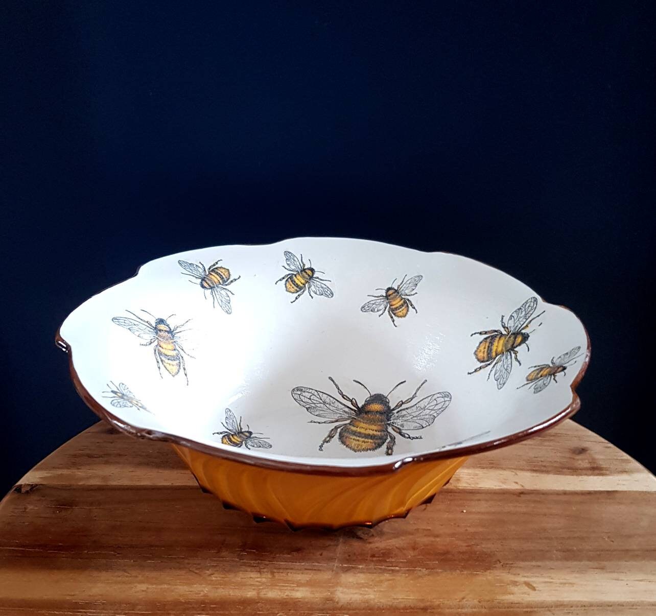 Honey Bee vintage Glass decoupage Amber gold white fruit bowl. Etsy