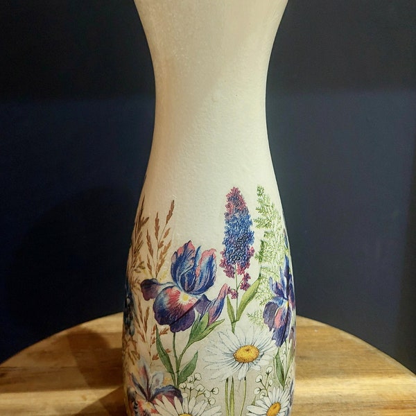 White spring flower Vase  Decorative glass vase english cottage garden spring summer decor nature inspired flag iris handpainted decoupage