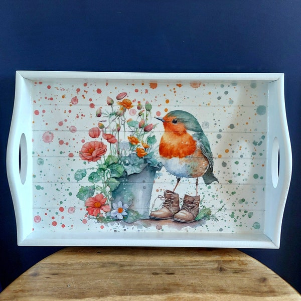 White wood sofa tray Robin nature bird lover gift farmhouse robins appear loved ones wildlife tray wooden sofa tray gardeners gift cottage