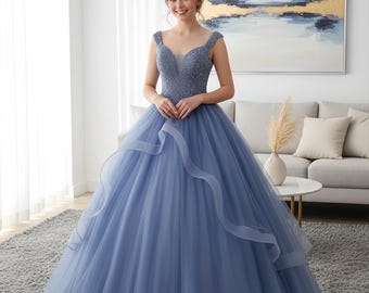 Dreamy Blue V Neck Puffy Prom Dress, Elegant Long Gown, Tulle Dress, Cocktail Dress, Evening Dress, Prom Dress, Birthday Dress, Ball Gown