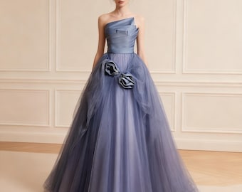 Dreamy Blue Floral Tube Tulle Prom Dress, Tube Prom Dress, Elegant Gown, Cocktail Dress, Evening Dress, Party Dress, Birthday Dress