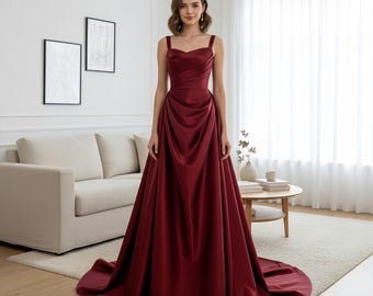 Elegant Red Satin Long Prom Dress, Cocktail Dress, Evening Dress, Elegant Long Gown, Party Dress, Prom Dress, Birthday Dress, Ball Gown