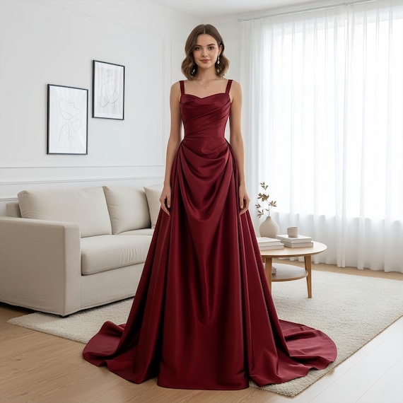 Elegant Red Satin Long Prom Dress, Cocktail Dress, Evening Dress, Elegant Long Gown, Party Dress, Prom Dress, Birthday Dress, Ball Gown