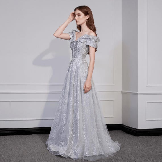 grey off the shoulder prom dress Pretty Off Shoulder Gray Tulle Long Prom Dresses with Belt, Off the Sh –  Lwt Dress main image 1