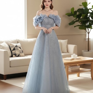 women's light blue winter off the shoulder dress Long Sleeve Lace in Hidden back zipper/clasp Long Blue off the Shoulder