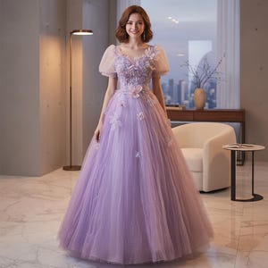 purple birthday dress for women Casual Purple Flowers Long Sleeve a-Line Engagement Dress