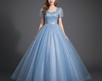 Sparkly Blue Tulle Prom Dress, Tulle Prom Dress, Cocktail Dress, Evening Dress, Party Dress, Elegant Gown, Long Prom Dress, Birthday Dress