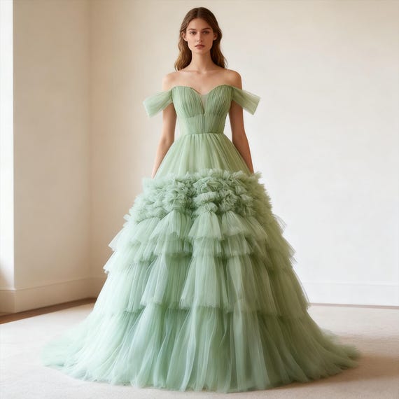 Fairy Green Puffy Off Shoulder Prom Dress, Tulle Prom Dress, Cocktail Dress, Evening Dress, Party Dress, Birthday Dress, Ball Gown