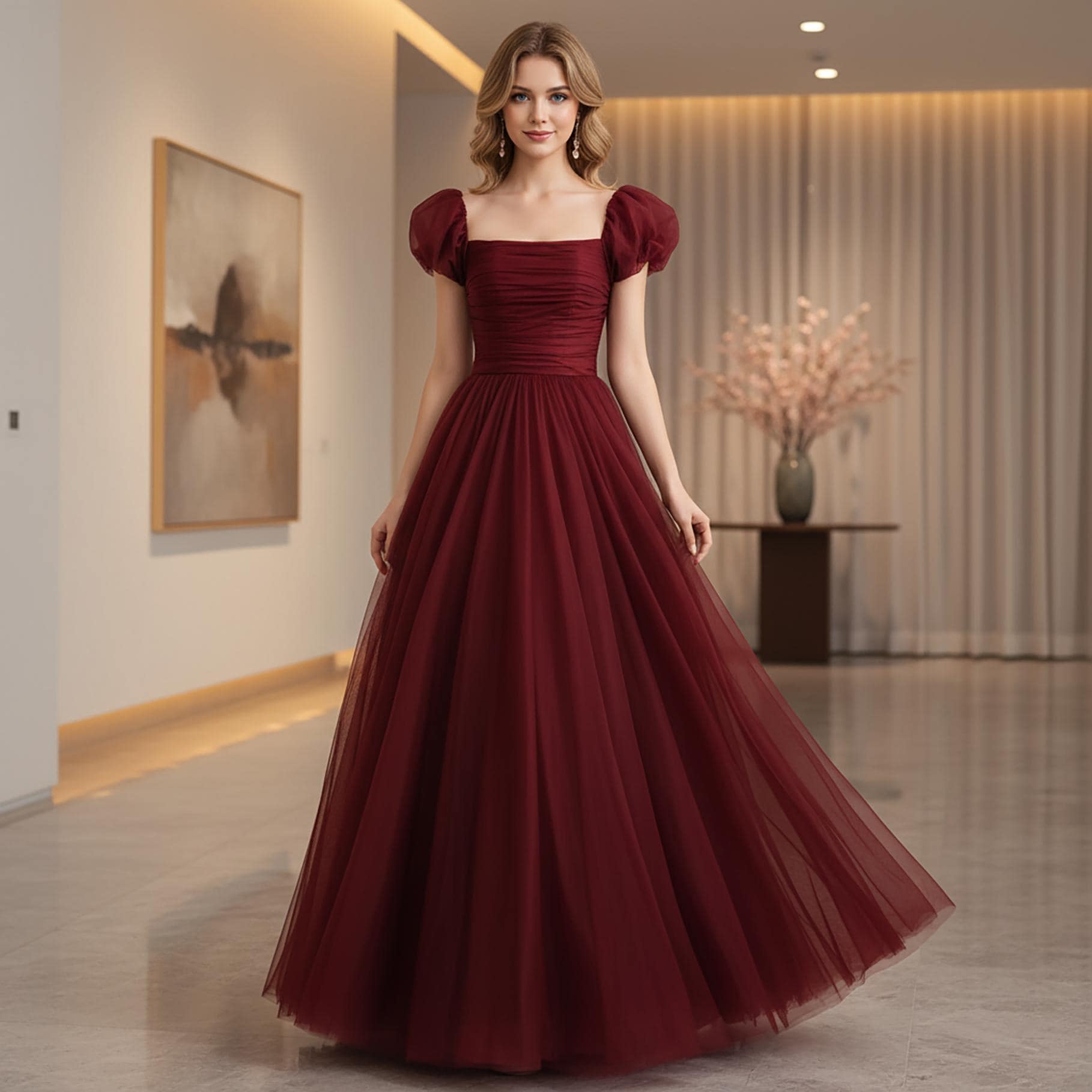 Red Tulle Long Prom Dress