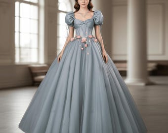 Fairy Blue Floral Prom Dress, Flower Dress, Tulle Prom Dress, Cocktail Dress, Evening Dress, Elegant Gown, Long Prom Dress, Birthday Dress