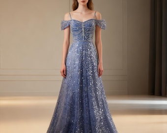 Sparkly Blue Sequin Prom Dress, Tulle Prom Dress, Cocktail Dress, Elegant Gown, Evening Dress, Party Dress, Long Prom Dress, Birthday Dress