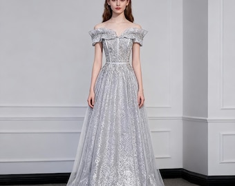 Fairy Gray Off Shoulder Prom Dress, Elegant Long Gown, Tulle Prom Dress, Evening Dress, Party Dress, Prom Dress, Birthday Dress, Ball Gown