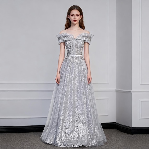 strapless open back dress A Line Spaghetti Straps Lace Grey Tulle Long Prom Dress, Grey Formal B –  abcprom