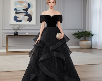 Elegant Black Off Shoulder Prom Dress, Tulle Prom Dress, Elegant Dress, Evening Dress, Party Dress, Prom Dress, Birthday Dress, Ball Gown