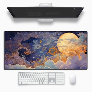 May include: A large rectangular mouse pad featuring a celestial design with a full moon, clouds, stars, and a crescent moon. The color palette includes blues, purples, and oranges. A white keyboard, mouse, and computer monitor are also visible.