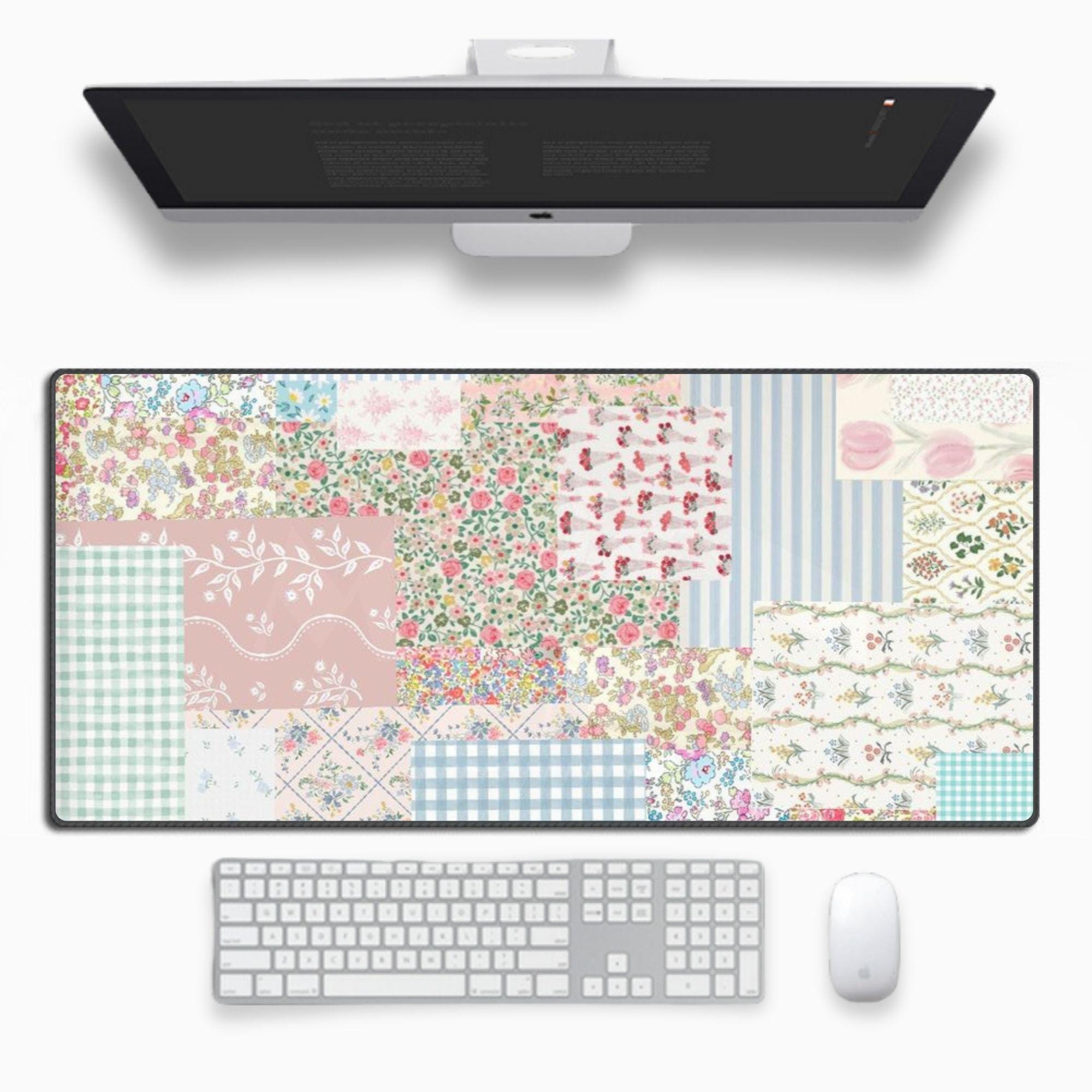 Cute Vibrant Patch Pattern Aesthetic Collage Desk Mat, Large Rubber Mouse Pad, Water Repellent Table Cover Desk Pad for Laptop, Desktop