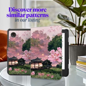 May include: A tablet case and e-reader with a landscape design featuring a Japanese-style scene with pink cherry blossoms, green trees, and traditional buildings. The text "Discover more similar patterns in our listing" is displayed in purple.