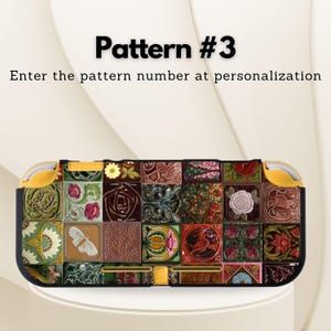 May include: A black and yellow Nintendo Switch Lite case featuring a mosaic design of floral and geometric patterns in various colors. The case has the text "Pattern #3" and "Enter the pattern number at personalization".