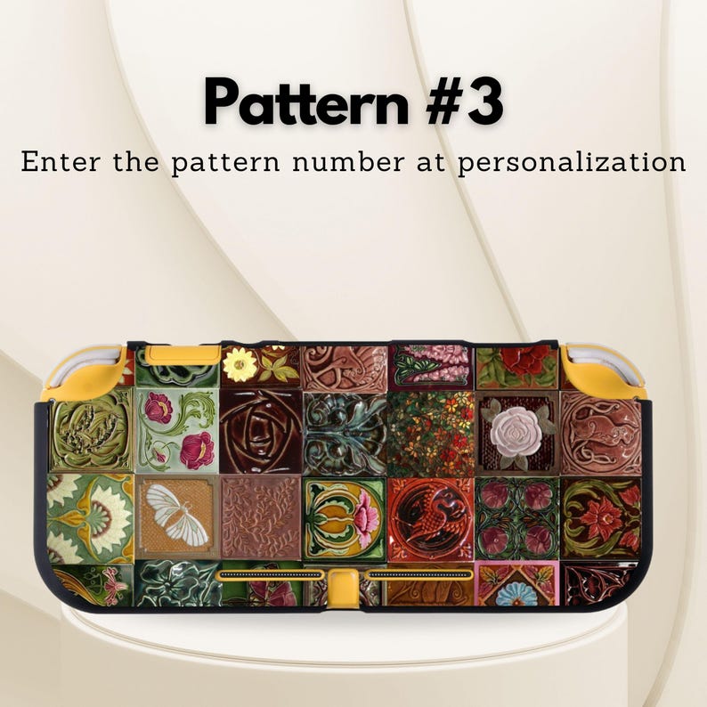 May include: A black and yellow Nintendo Switch Lite case featuring a mosaic design of floral and geometric patterns in various colors. The case has the text "Pattern #3" and "Enter the pattern number at personalization".