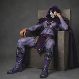 Skeletal Overlord Costume Outfit for Skeletor King Halloween Cosplay | Printed Muscle Jumpsuit | Floor-Length Cape, Mask, Boots