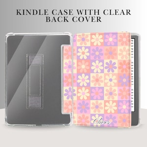 May include: A clear Kindle case with a floral design. The case features a clear back cover and a stand. The front cover has a pattern of pink, purple, and yellow flowers. The name "Oliver" is printed on the front cover.