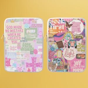 May include: Two colorful laptop sleeves with a collage of religious quotes and images. The left sleeve features a pink and white background with the text "God made no mistake when he created you." The right sleeve features a pink, yellow, and blue background with the text "Seek first his kingdom."