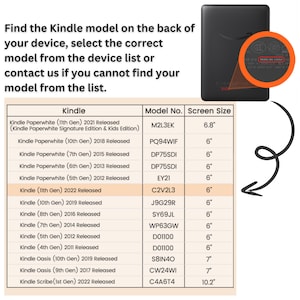 Puede incluir: Una tabla que muestra los diferentes modelos de Kindle y sus tama&ntilde;os de pantalla. La tabla enumera los modelos Kindle Paperwhite, Kindle y Kindle Oasis, junto con sus a&ntilde;os de lanzamiento y tama&ntilde;os de pantalla. Los tama&ntilde;os de pantalla var&iacute;an de 6 a 10,2 pulgadas.