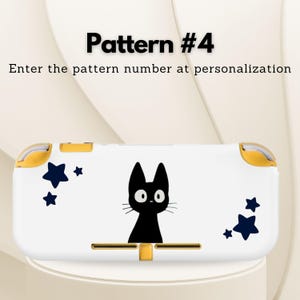 May include: White handheld gaming console case featuring a black cat graphic and navy blue star accents. The case has yellow accents and the text "Pattern #4" and "Enter the pattern number at personalization".
