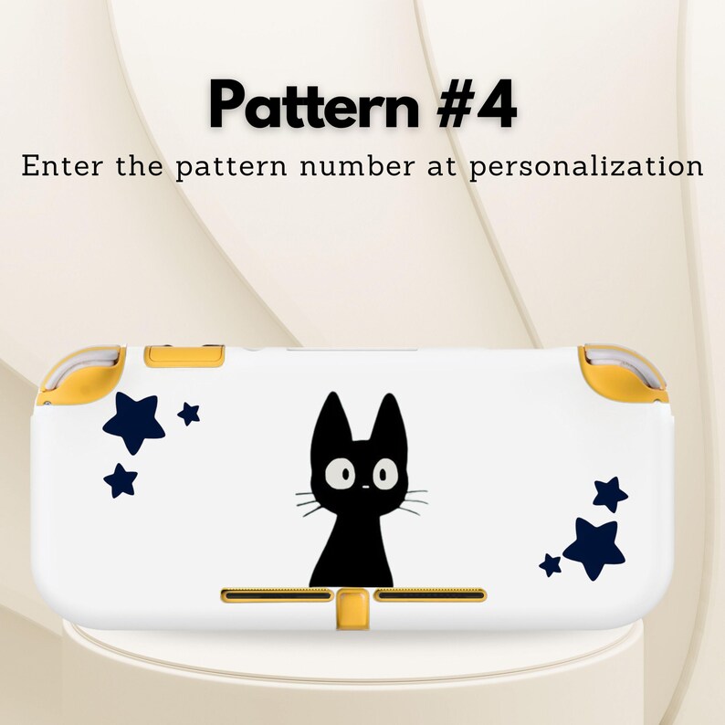 May include: White handheld gaming console case featuring a black cat graphic and navy blue star accents. The case has yellow accents and the text "Pattern #4" and "Enter the pattern number at personalization".