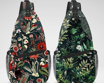 Cute Dark Botanical Art Aesthetic Cross Body Sling Bag, Chest Bag, Crossbody Backpack, Travel Bag, Accessories Organizer for iPad Tablet
