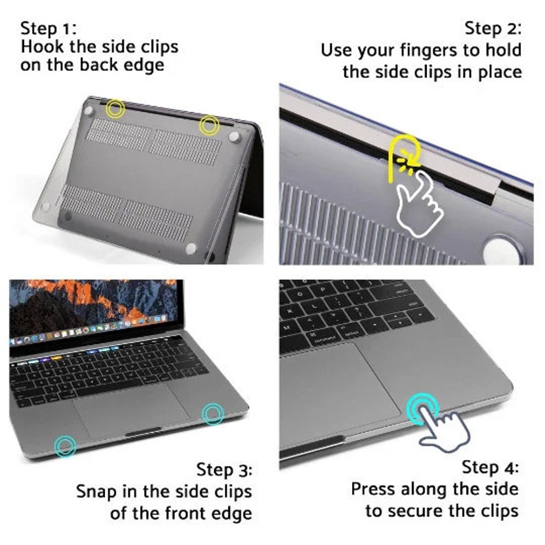 Pu&ograve; includere: Una guida in quattro passaggi su come installare una custodia per laptop in plastica trasparente. La custodia ha una finitura liscia e lucida. Il primo passaggio mostra la custodia posizionata sul retro del laptop. Il secondo passaggio mostra un dito che preme sul lato della custodia. Il terzo passaggio mostra la custodia che viene agganciata sul davanti del laptop. Il quarto passaggio mostra un dito che preme sul lato della custodia per fissarla.