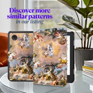 May include: A black tablet with a decorative cover featuring a Renaissance-style painting with angels, clouds, and figures. The text "Discover more similar patterns in our listing" is displayed in purple.