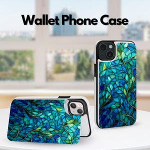 May include: Wallet phone case with a vibrant stained-glass design in shades of blue, green, and gold. The case features a white border and a folio design. The text "Wallet Phone Case" is displayed at the top.
